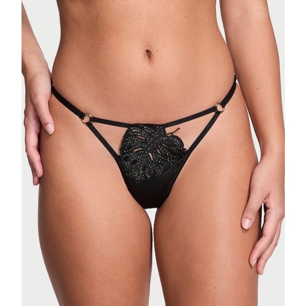 NWT Victoria's Secret Tropical Leaf Hardware‎ V-String Panty Sz S - Black